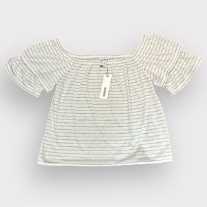BB Dakota White Grey Striped Off-Shoulder Ruffle Sleeve Casual Soft Top- Size S